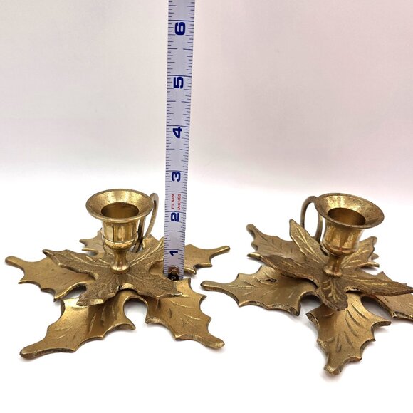 Vintage Holly Leaf Chamberstick Finger Loop Solid Brass Candle Holders Set of 2 - Picture 8 of 8